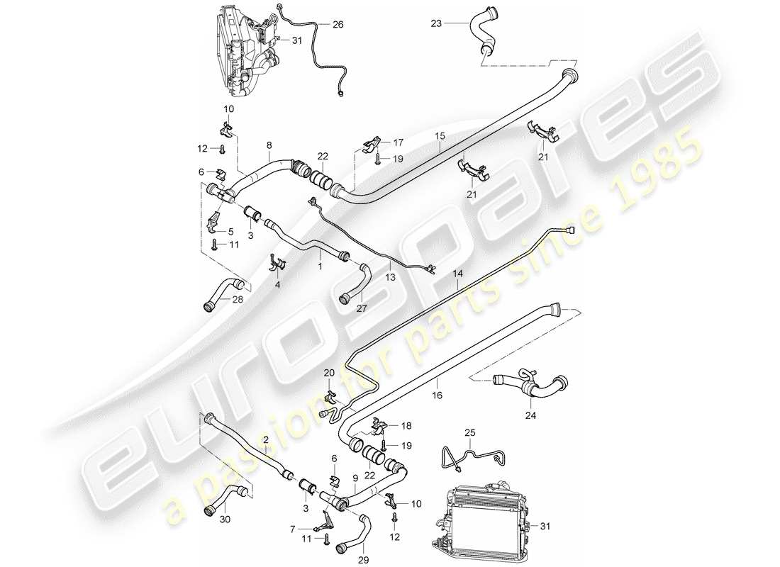 porsche 911 t/gt2rs (2011) water cooling 2 part diagram