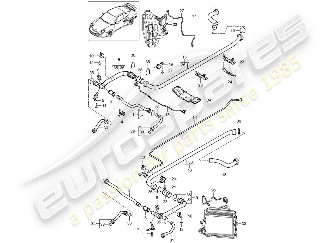 porsche 911 t/gt2rs (2011) water cooling 2 part diagram