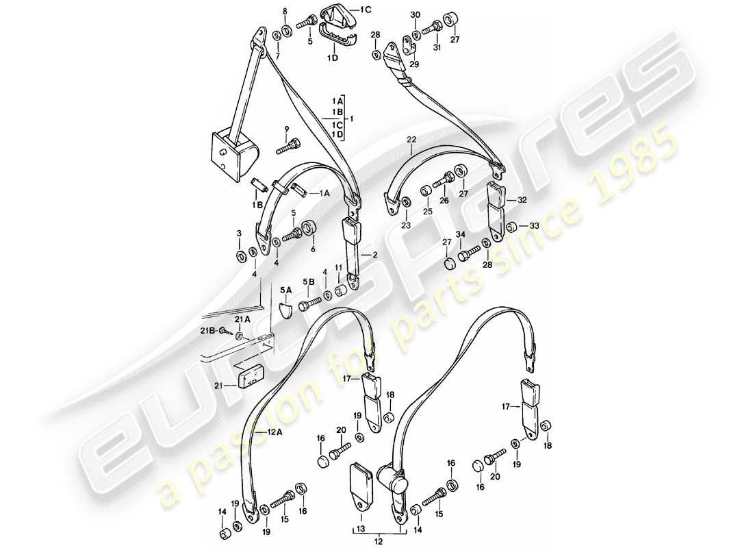 porsche 924 (1983) seat belt part diagram