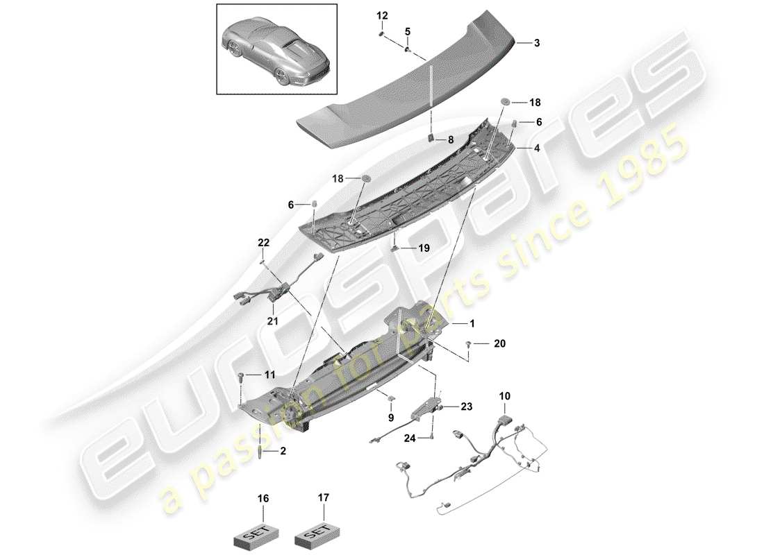 porsche 991r/gt3/rs (2020) rear spoiler part diagram