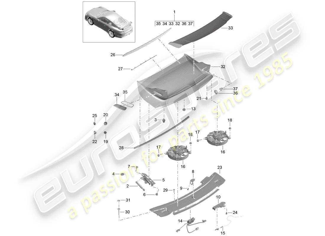 porsche 991r/gt3/rs (2016) rear spoiler part diagram