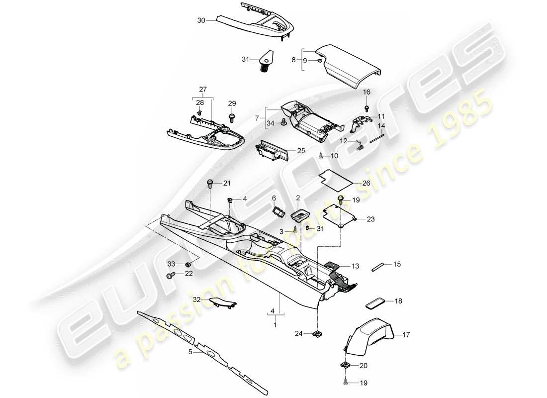 porsche 997 (2008) center console part diagram