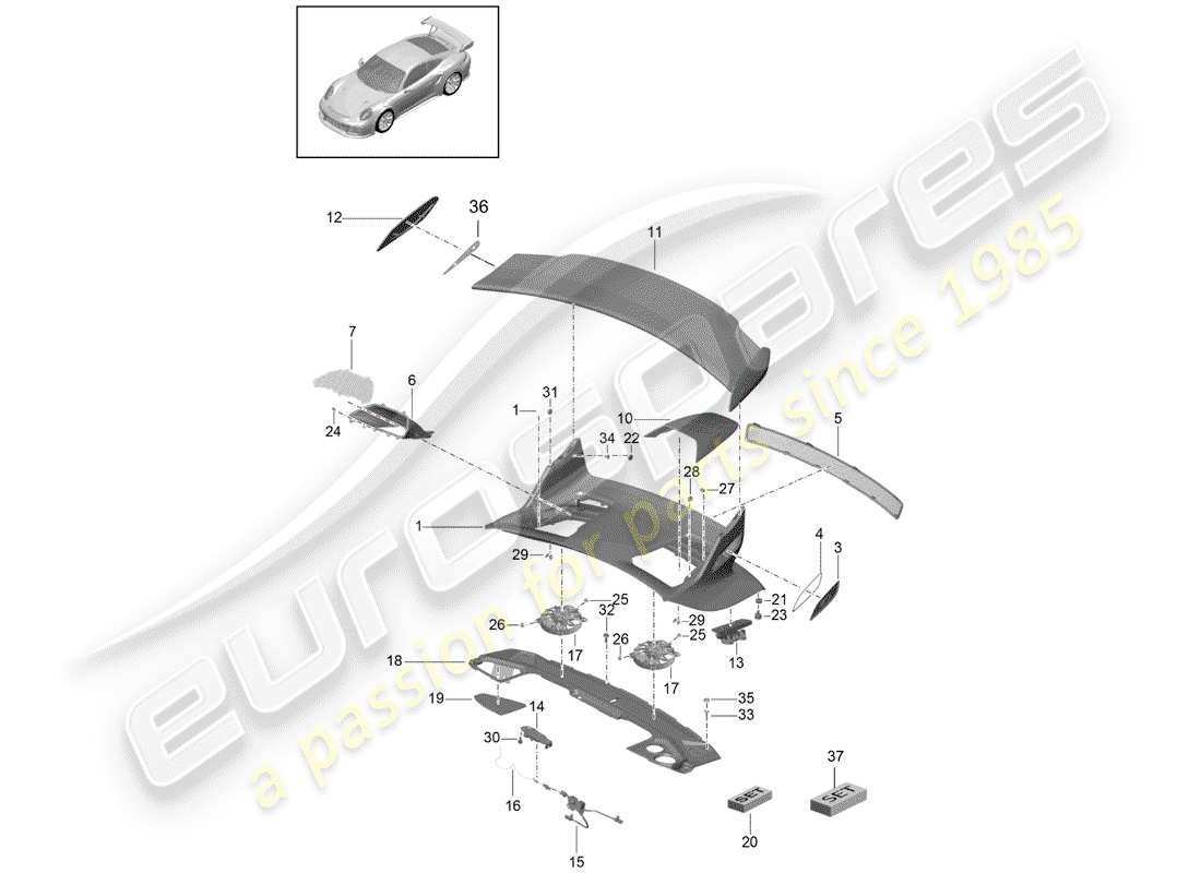 porsche 991r/gt3/rs (2016) rear trunk lid part diagram