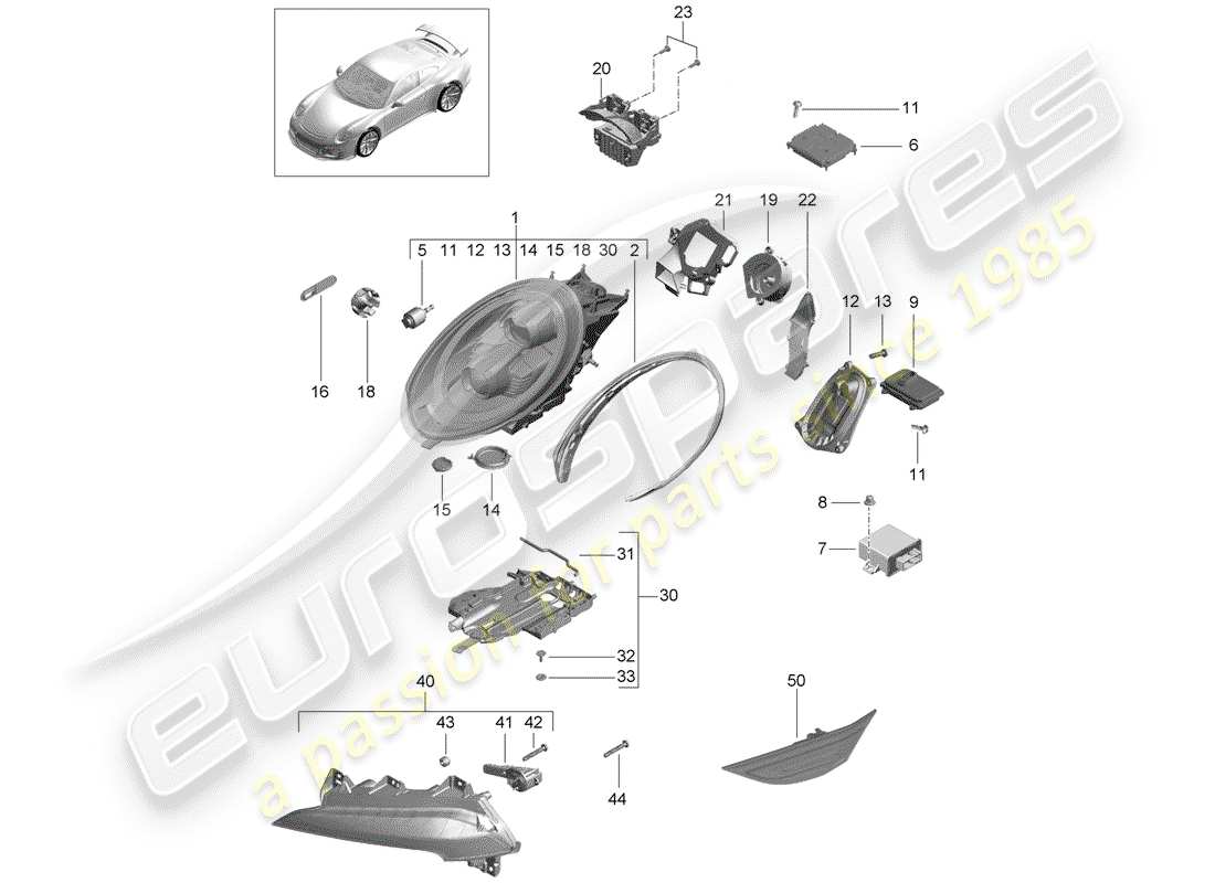 porsche 991r/gt3/rs (2016) led headlight part diagram