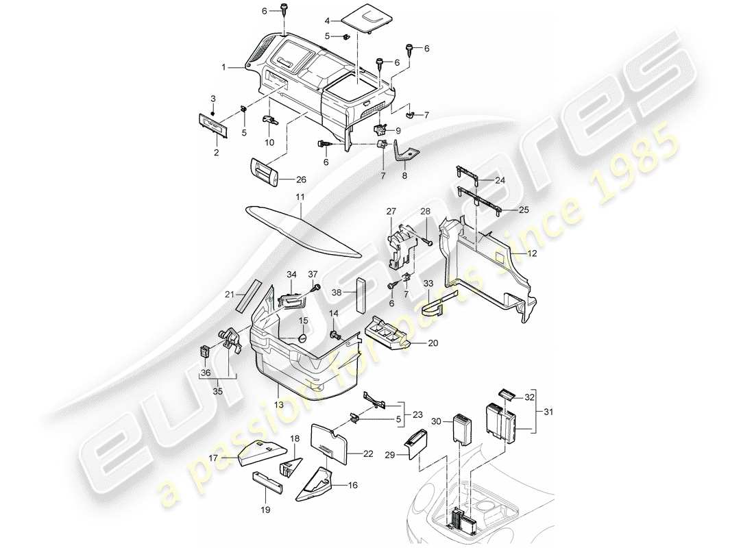 porsche 997 (2008) luggage compartment part diagram