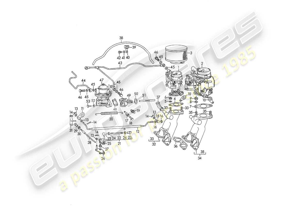 porsche 356/356a (1957) carburetor - solex 32pbj - solex 40pjcb - and - fuel supply line part diagram