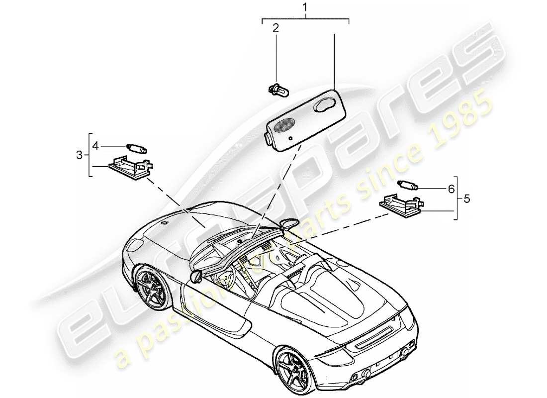 porsche carrera gt (2004) interior lighting - luggage compartment lamp - glove box part diagram