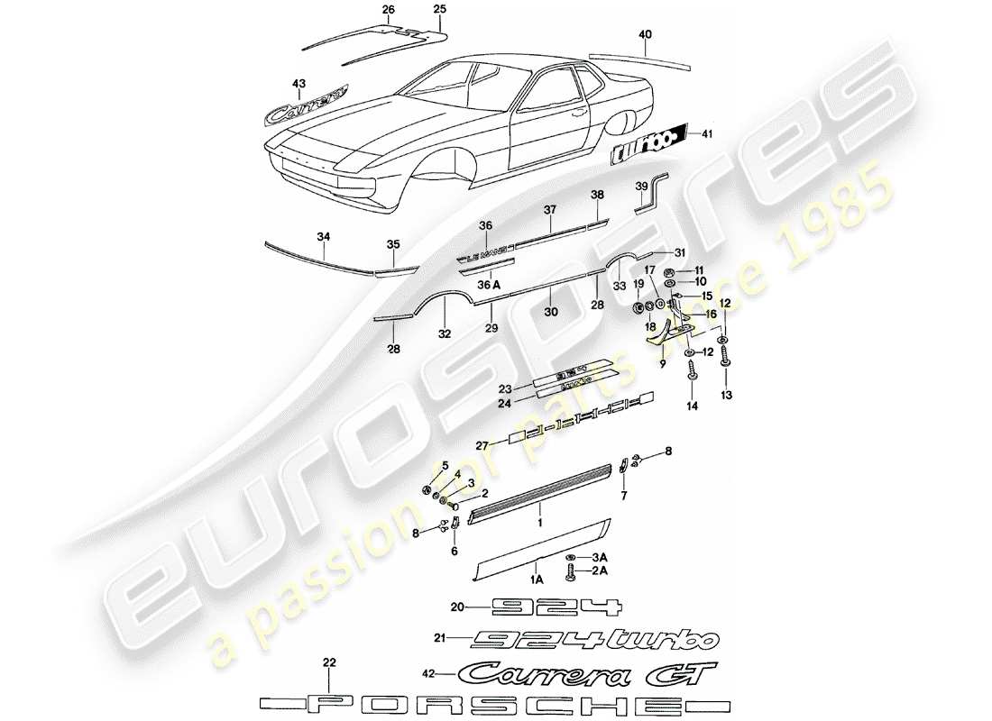 porsche 924 (1982) side member trim - nameplates - wheel opening part diagram