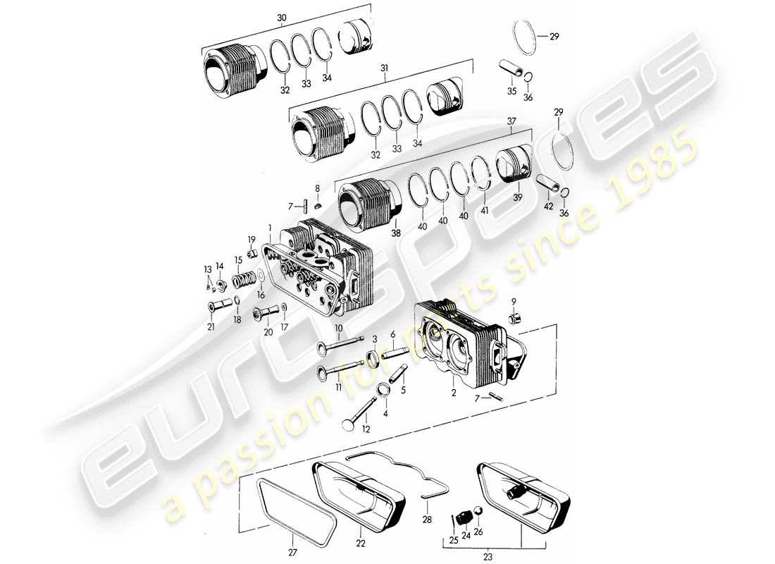 porsche 356/356a (1958) cylinder head - cylinder with pistons - m 22 001 >> - m 50 101 >> - m 33 901 >> - m 41 001 >> - m 60 001 >> - m 80 001 >> part diagram