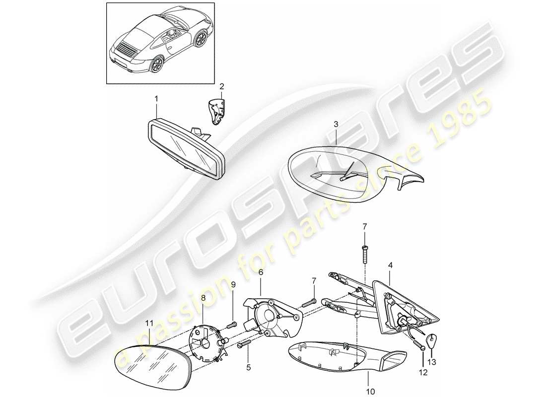 porsche 997 (2008) rear view mirror inner part diagram