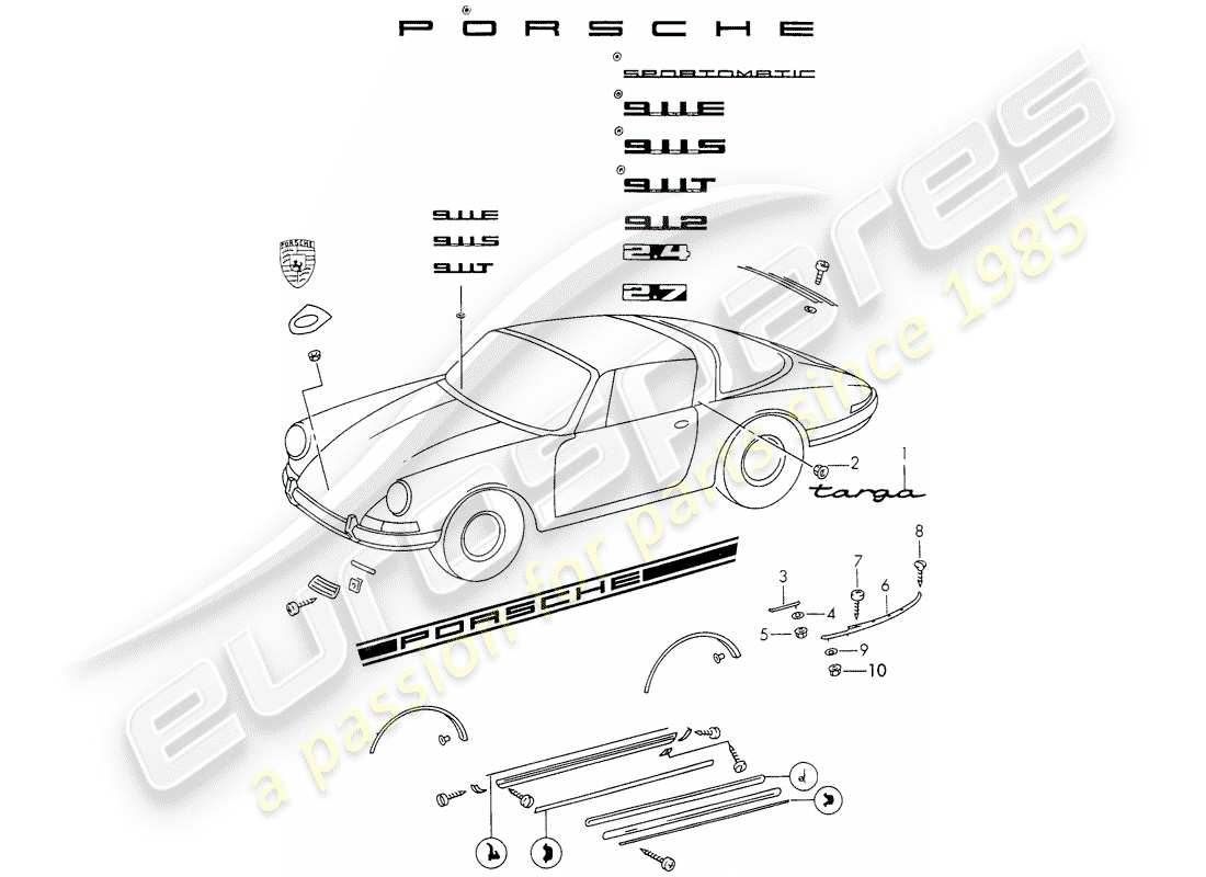 porsche 911 (1971) decorative fittings part diagram