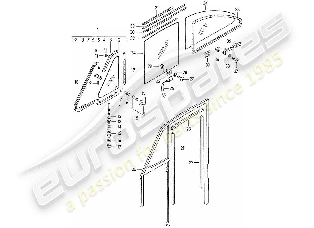 porsche 356/356a (1957) side window - door window part diagram