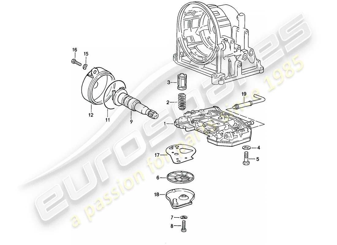 porsche 944 (1987) valve body - oil strainer - governor - automatic transmission part diagram