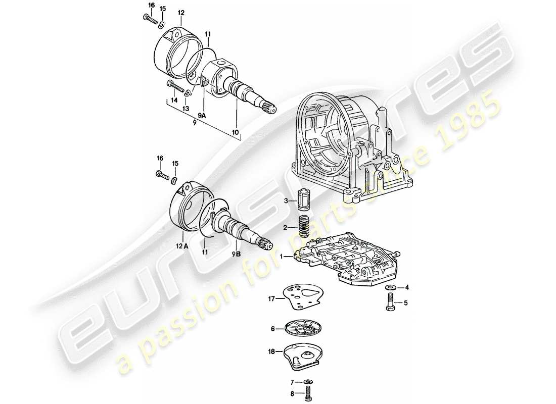 porsche 924 (1985) shift-valve body - governor - oil strainer - automatic transmission part diagram