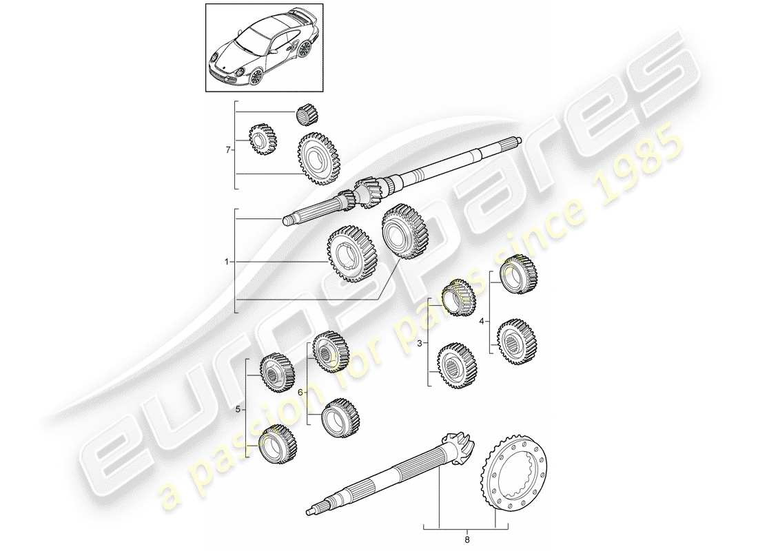 porsche 911 t/gt2rs (2013) gear wheel sets part diagram