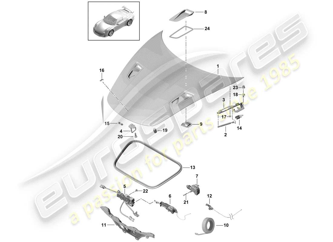 porsche 991r/gt3/rs (2016) hood part diagram