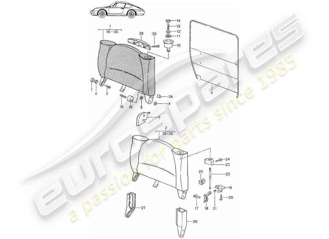 porsche seat 944/968/911/928 (1991) emergency seat backrest - - - with: - release button - d - mj 1994>> - mj 1998 part diagram