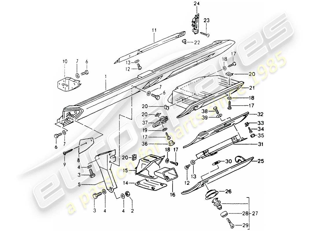 porsche 964 (1991) knee pad trim - airbag - for vehicles with - glove box lid - catch - d - mj 1990>> part diagram