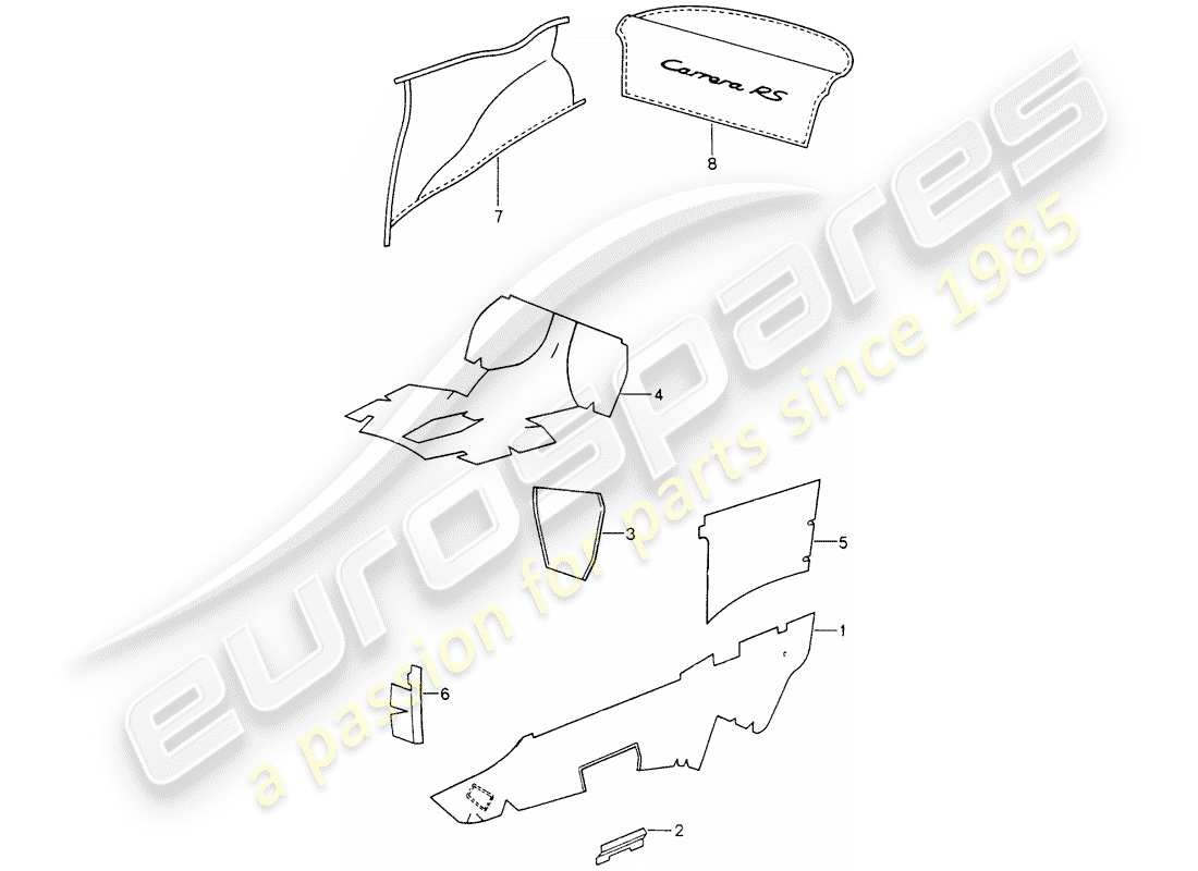 porsche 993 (1996) interior equipment - adhesive carpet part diagram