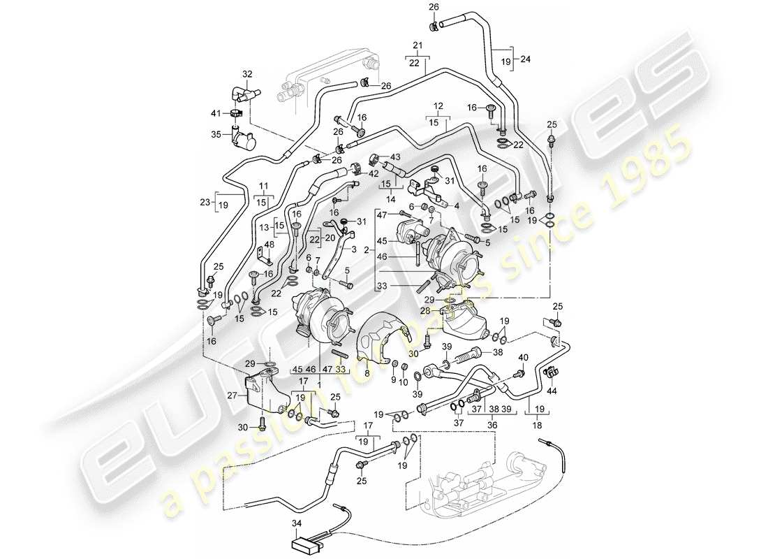 porsche 997 t/gt2 (2008) exhaust gas turbocharger part diagram