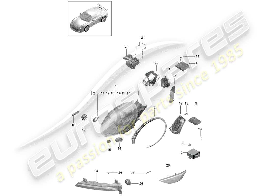 porsche 991r/gt3/rs (2015) headlamp part diagram