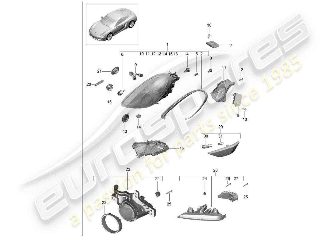 porsche cayman 981 (2015) headlamp part diagram