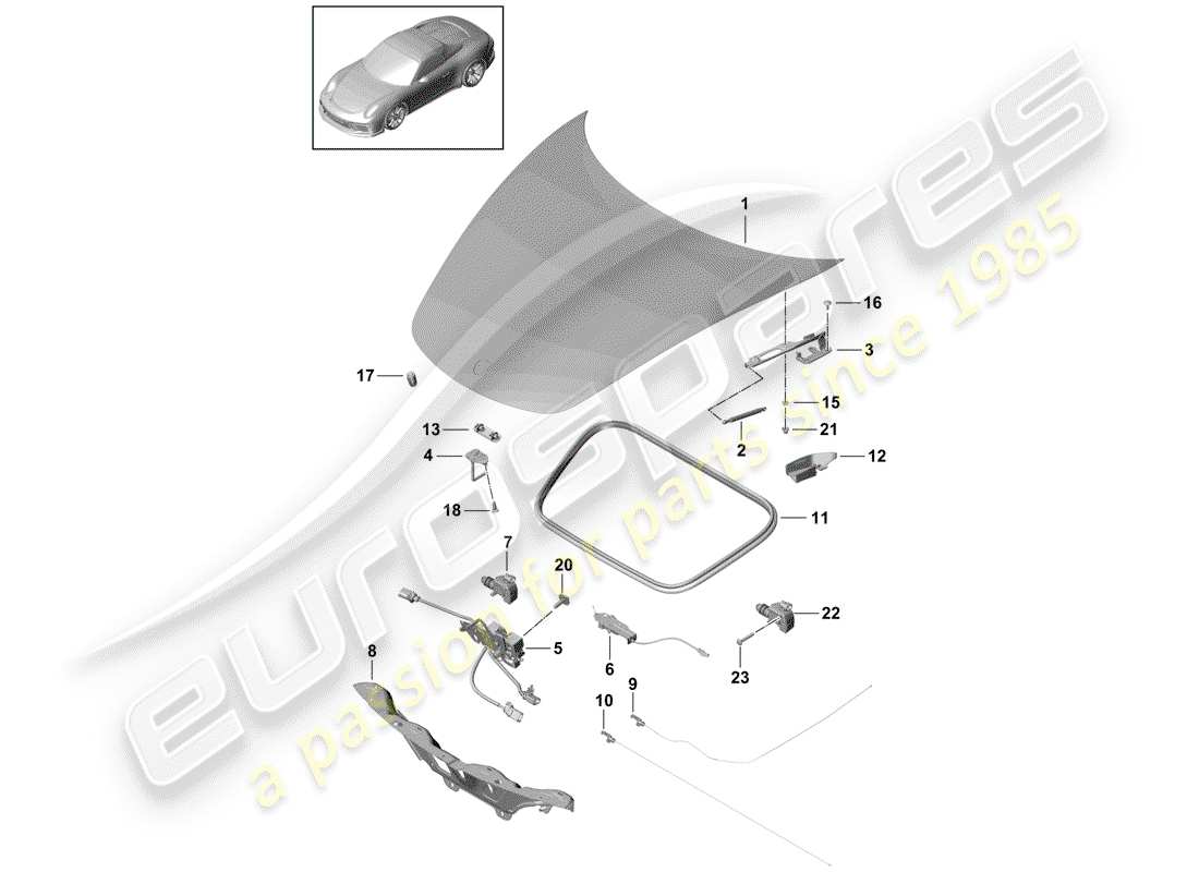 porsche 991r/gt3/rs (2016) hood part diagram