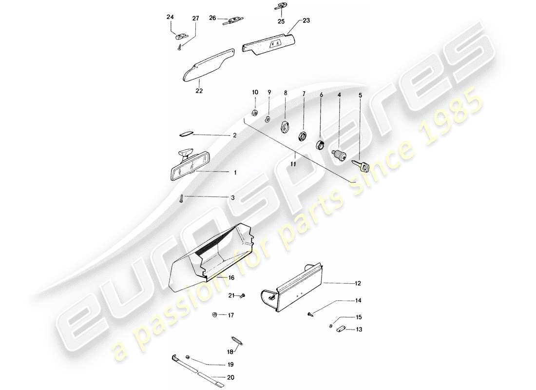 porsche 914 (1972) rear view mirror inner - glove box - sun vizor part diagram