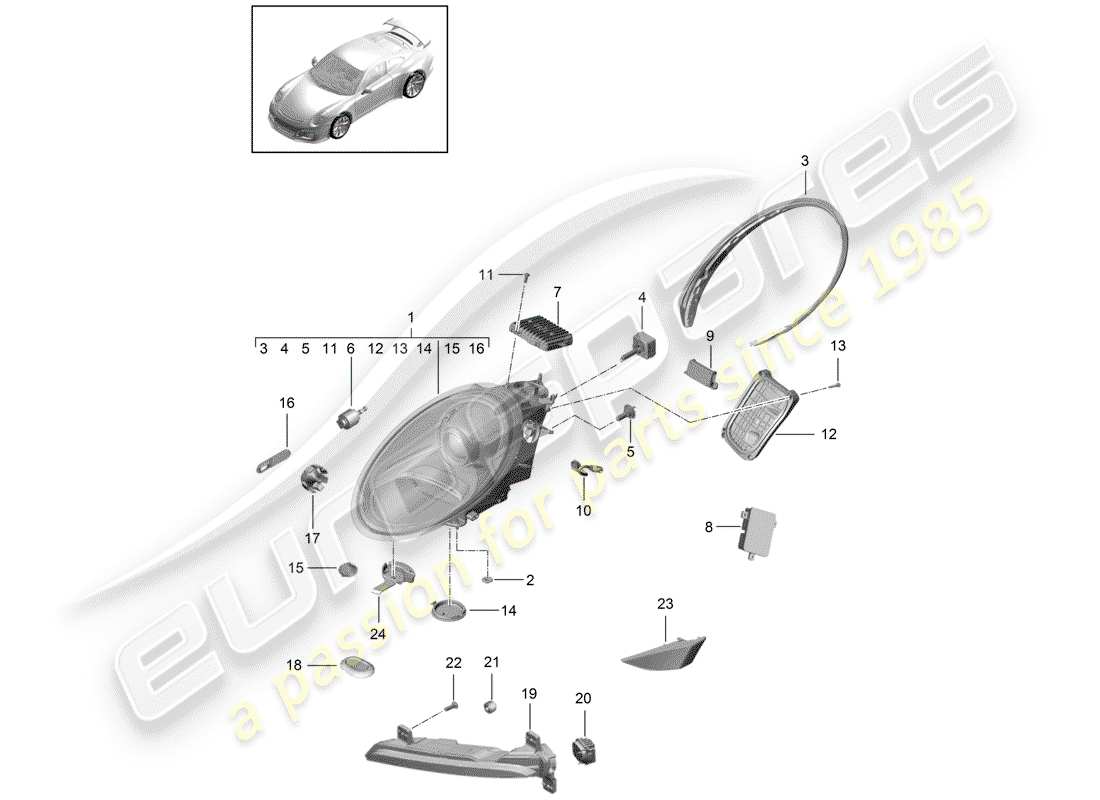 porsche 991r/gt3/rs (2015) headlamp part diagram