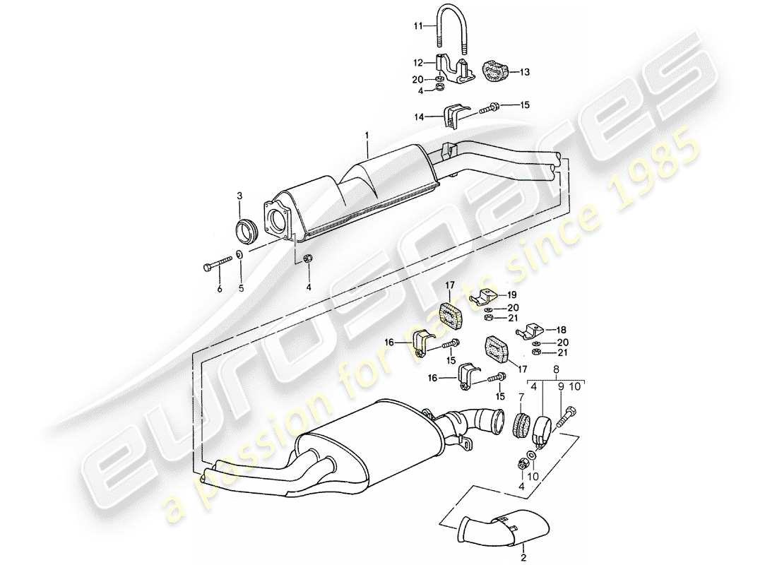 porsche 968 (1995) exhaust system - middle exhaust muffler - exhaust silencer, rear part diagram