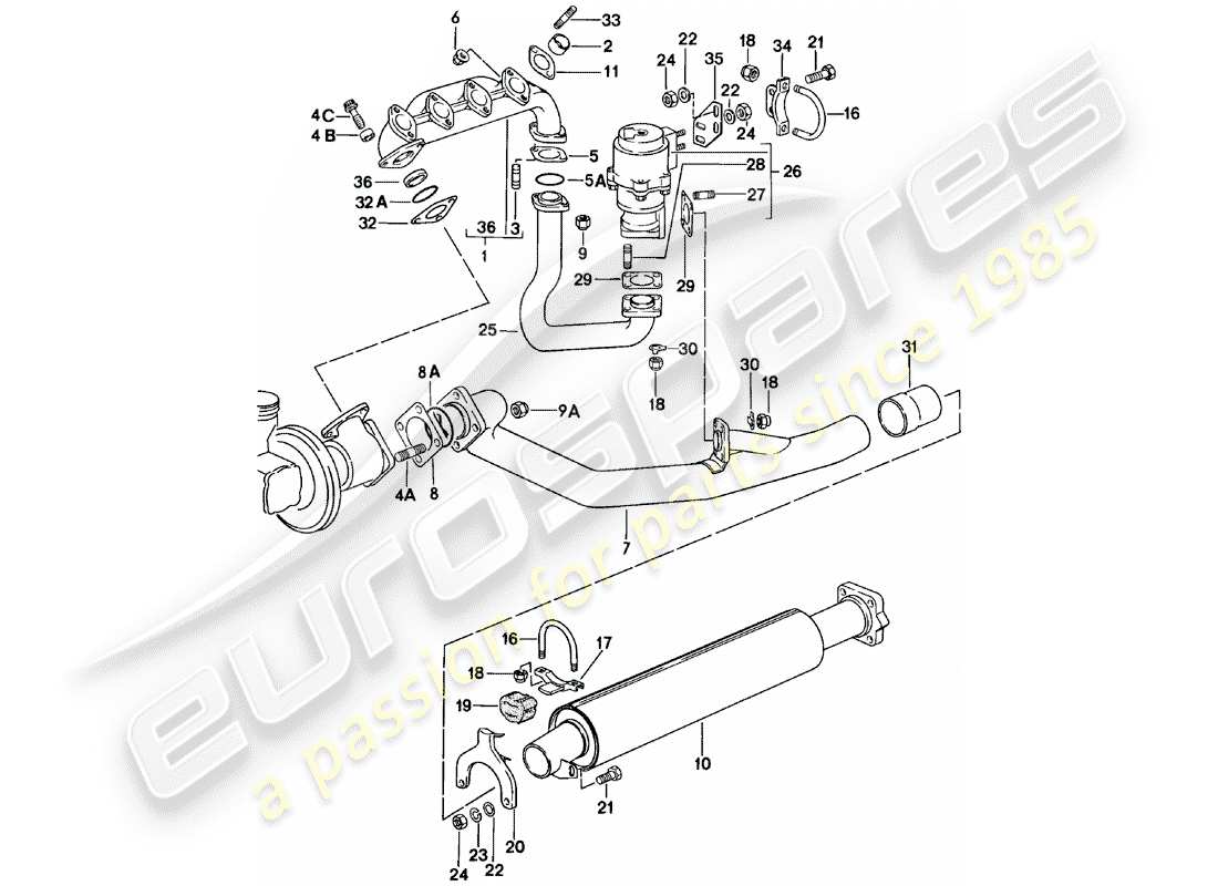 porsche 924 (1982) exhaust system - exhaust silencer, front part diagram