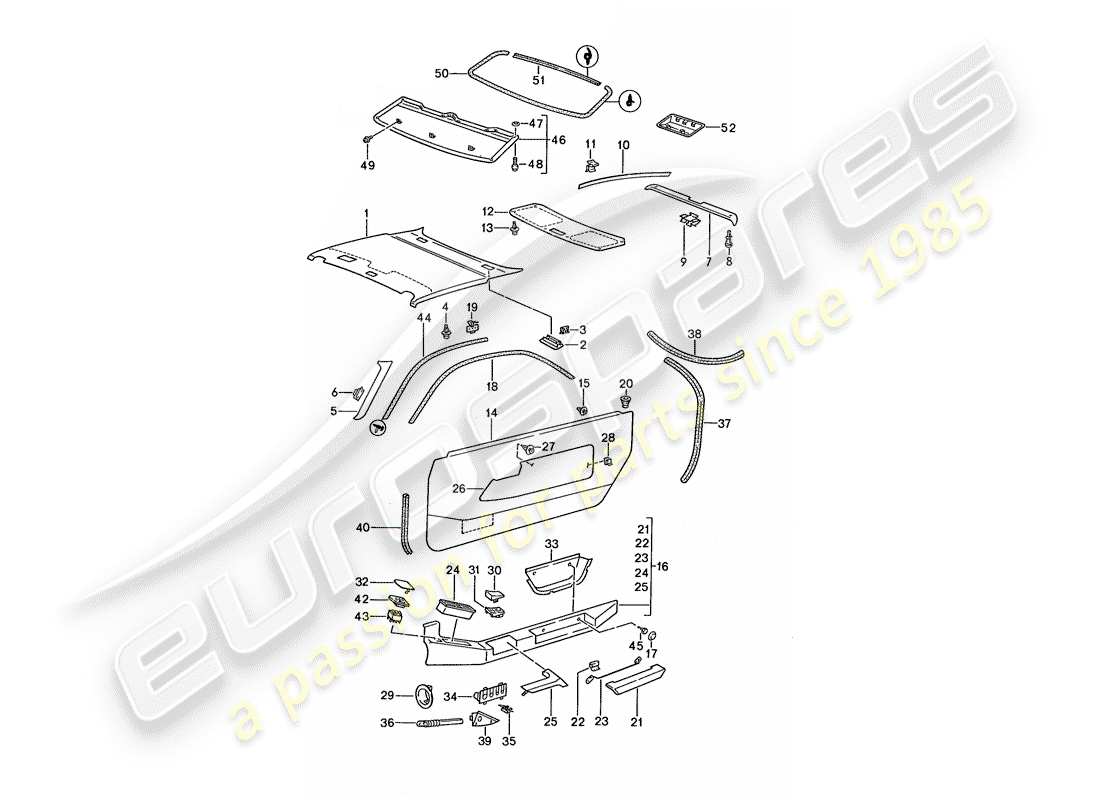 porsche 928 (1991) door panel - roof trim panel part diagram