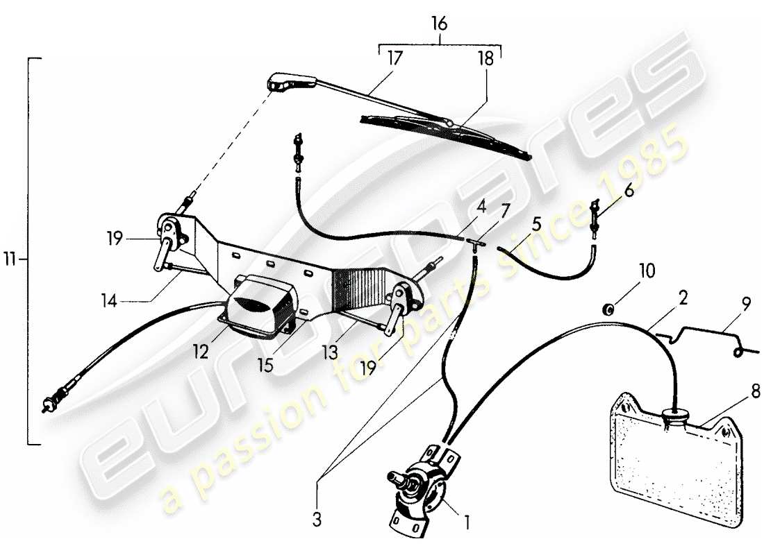 porsche 356/356a (1954) windshield washer unit - windscreen wiper system part diagram