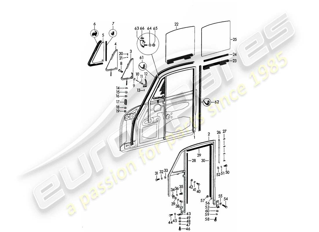 porsche 356b/356c (1965) window frame - side window - door window part diagram