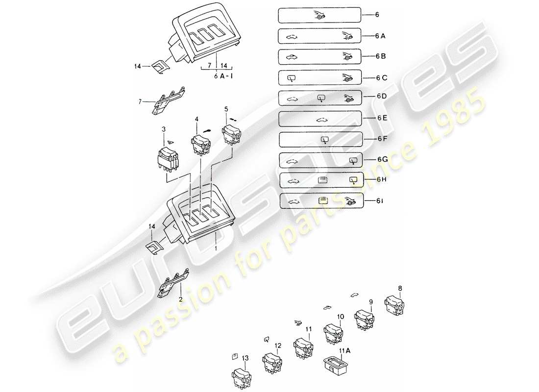 porsche 993 (1995) trim - switch - center console part diagram