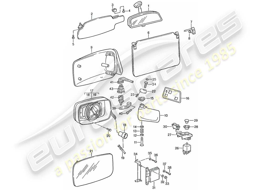 porsche 928 (1991) sun vizor - rear view mirror inner - rear view mirror part diagram