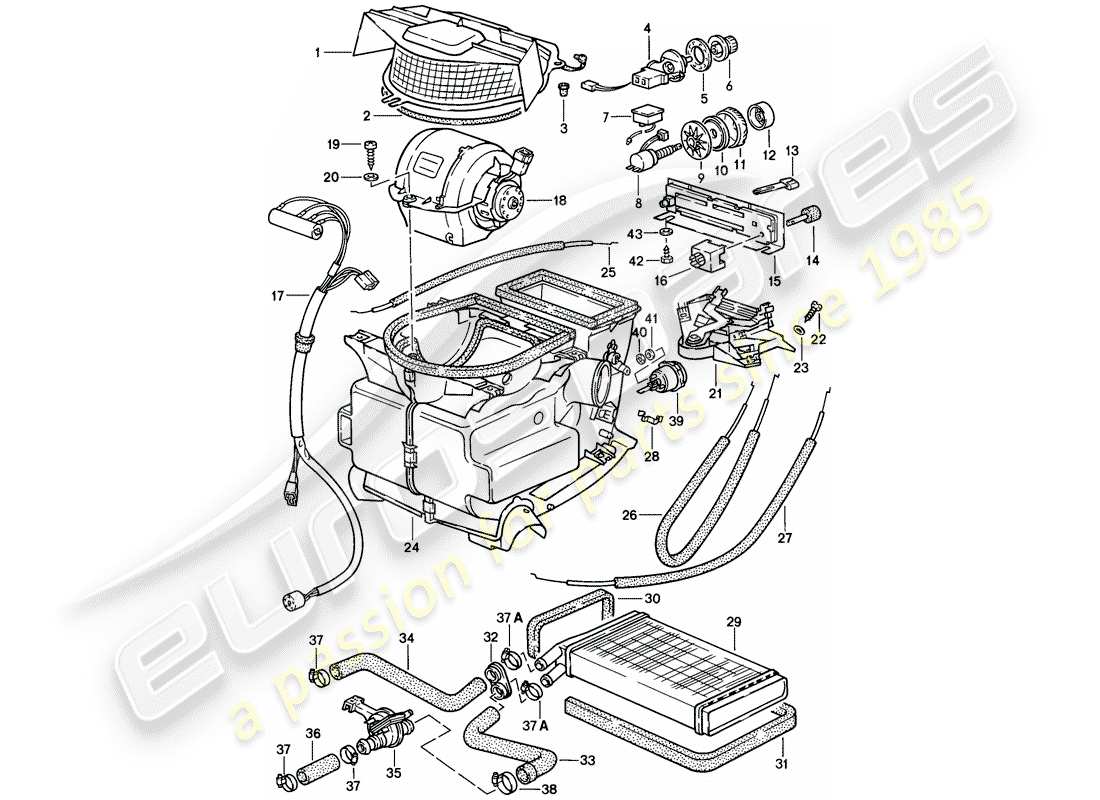 porsche 944 (1983) heater - ventilation - heater core part diagram