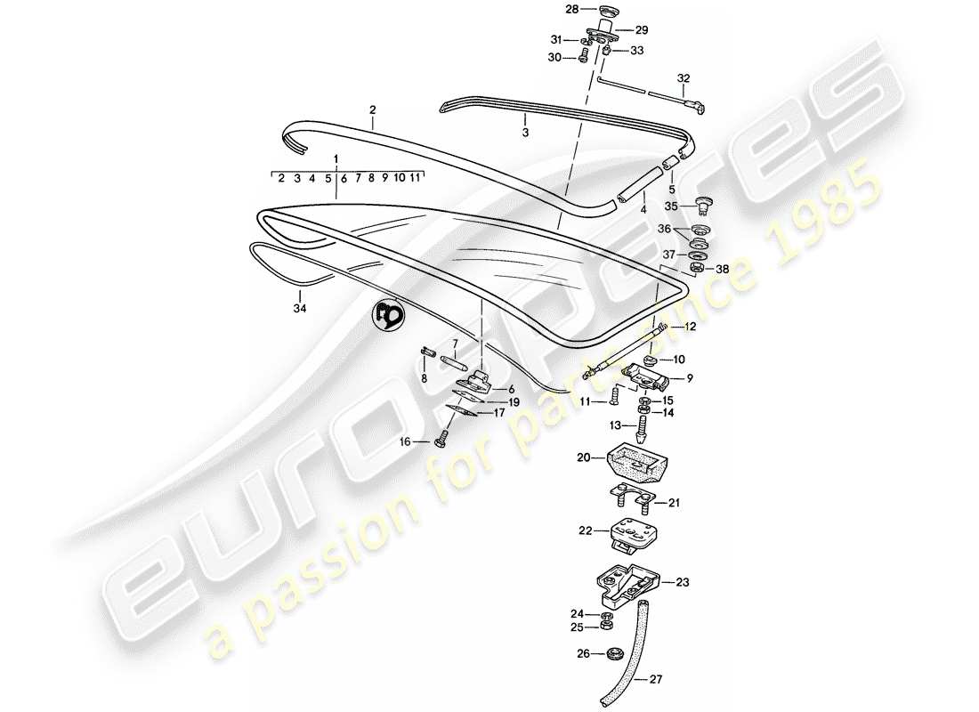 porsche 944 (1983) rear trunk lid - with: - rear window glass - without: - rear spoiler part diagram