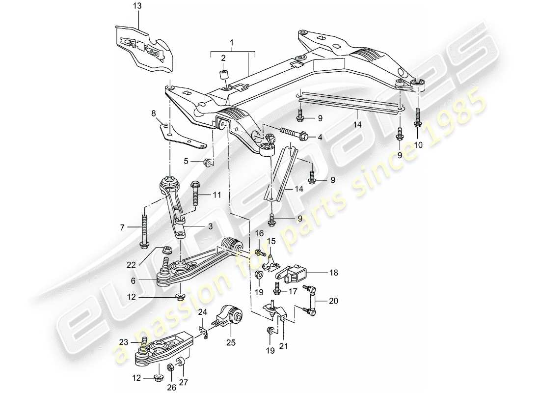 porsche 996 t/gt2 (2004) cross member - track control arm part diagram