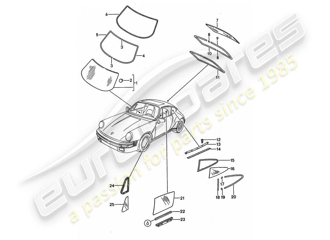 porsche 911 (1987) window glazing part diagram