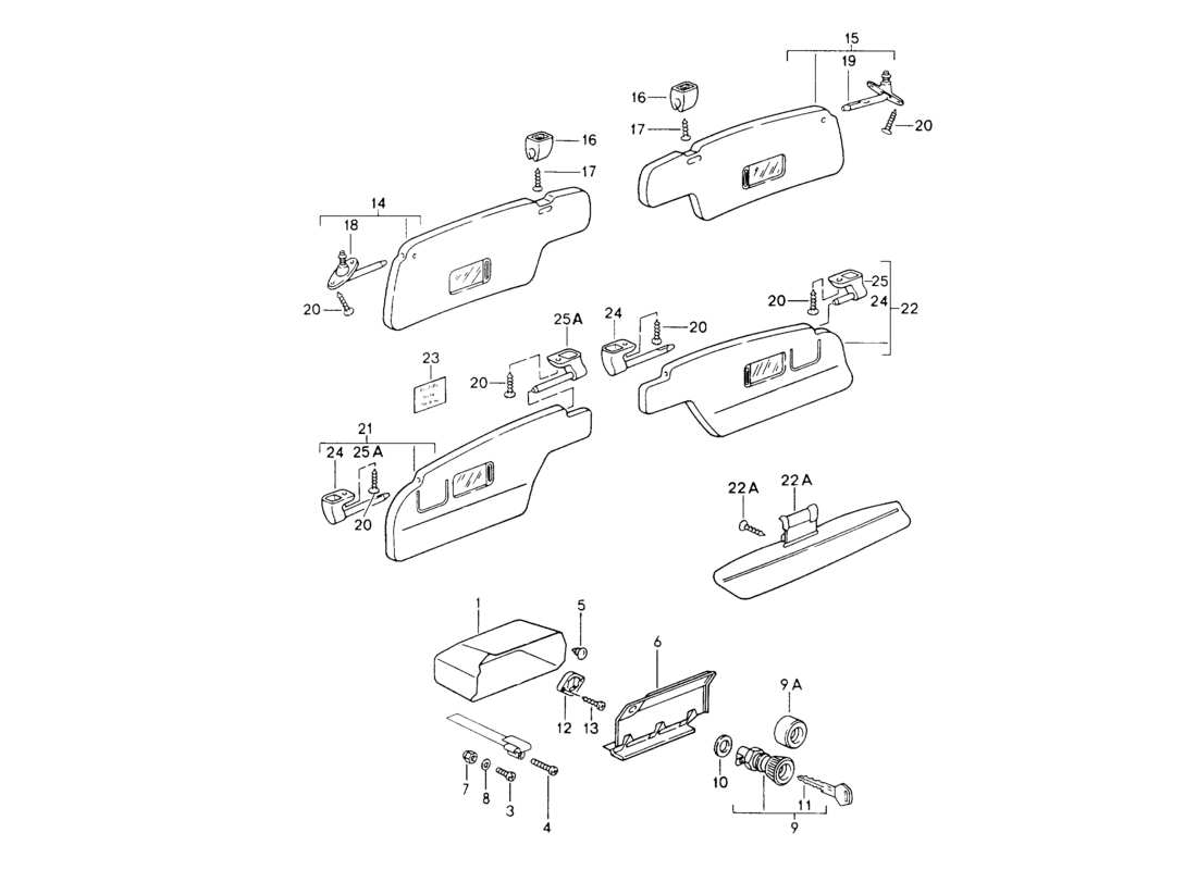 porsche 964 (1994) glove box - for cars without - airbag - sun vizors part diagram