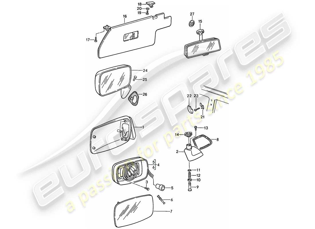 porsche 944 (1988) rear-view mirror - sun vizor - rear view mirror part diagram