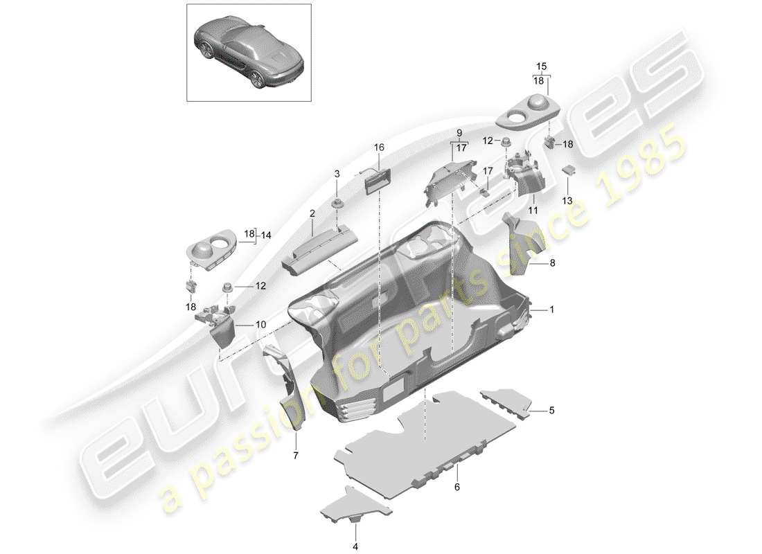 porsche boxster 981 (2013) luggage compartment part diagram