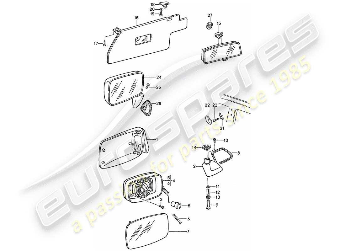 porsche 944 (1990) sun vizor - rear view mirror - rear view mirror inner part diagram