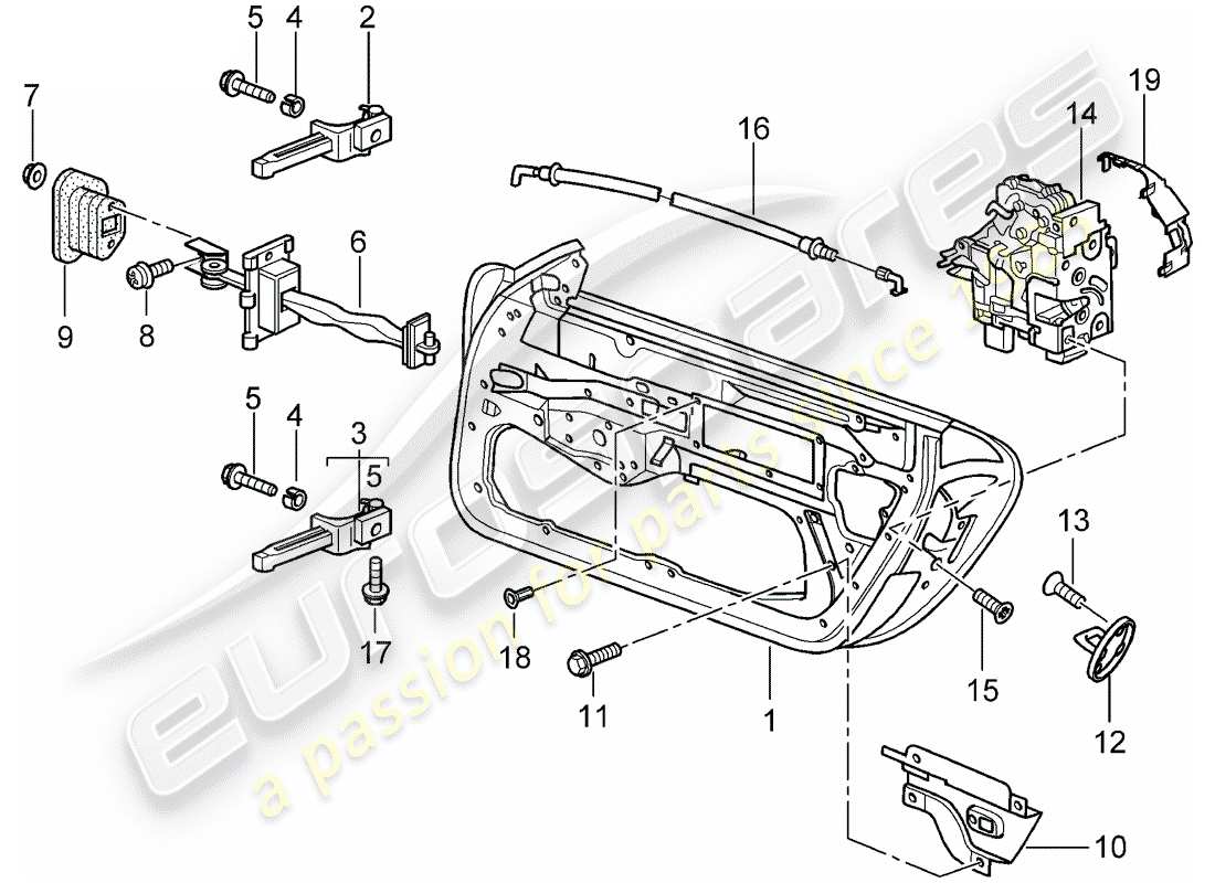 porsche 996 t/gt2 (2005) door shell - installation parts - door latch part diagram