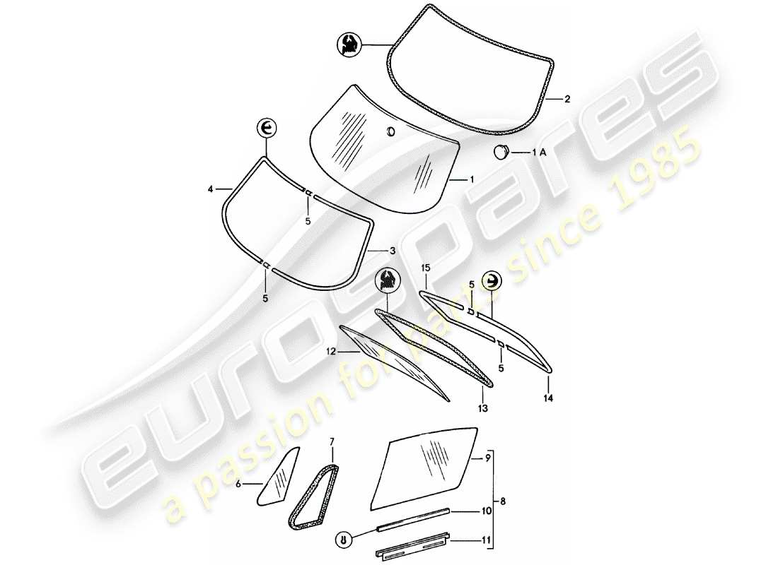 porsche 911 (1982) window glazing part diagram