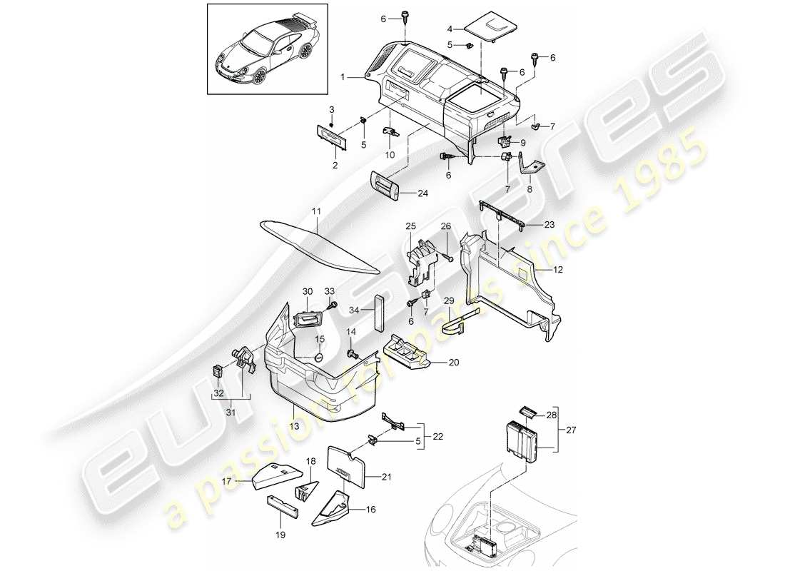 porsche 997 gt3 (2009) luggage compartment part diagram