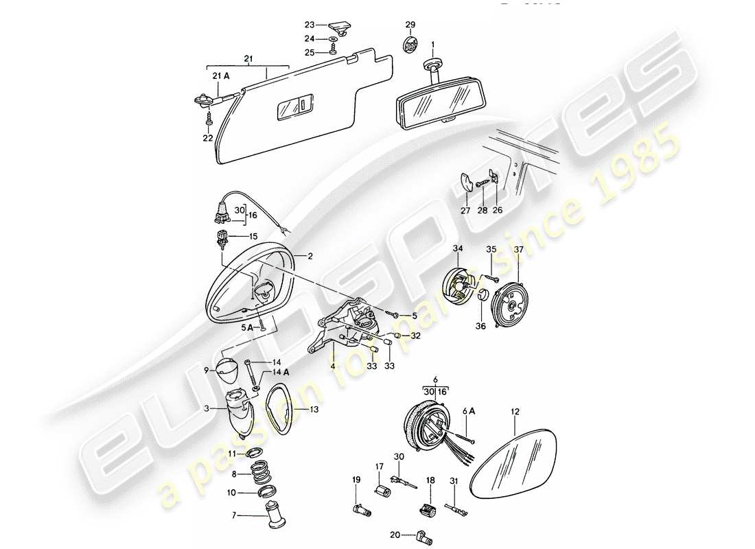 porsche 968 (1995) rear view mirror inner - rear view mirror - sun vizor part diagram