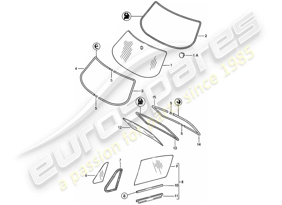 porsche 911 (1985) window glazing part diagram