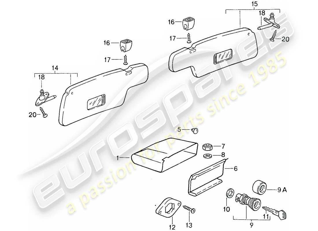 porsche 959 (1988) glove box - sun vizor part diagram